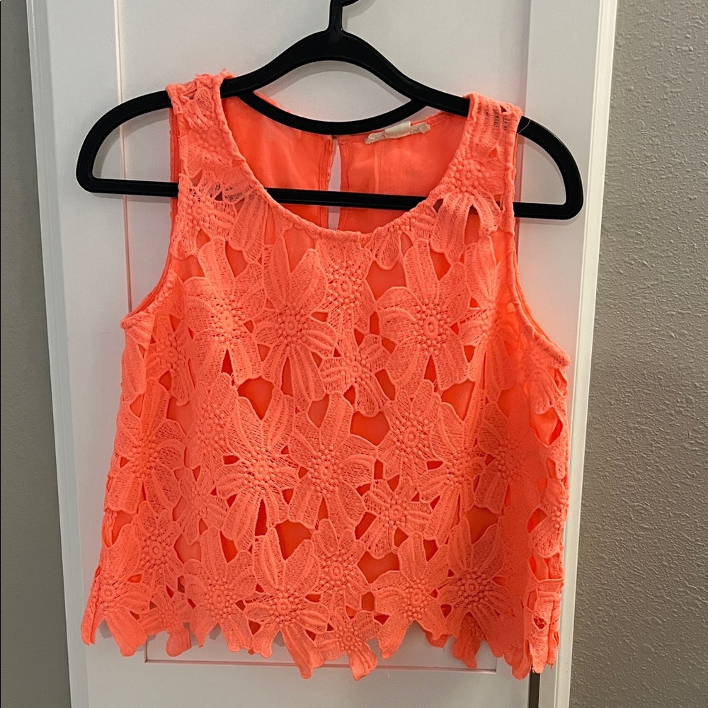 Vibrant Orange Lace Patterned Sleeveless Top